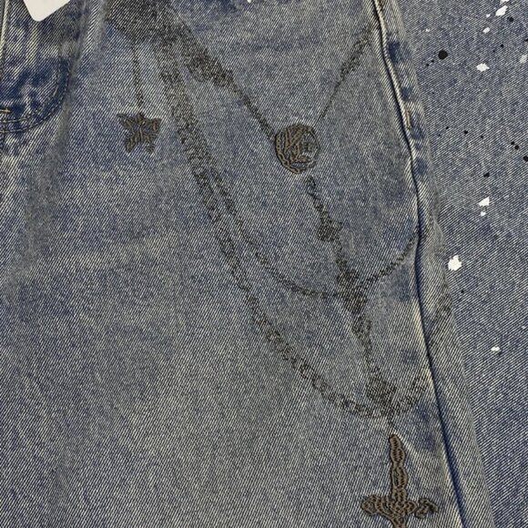 Birth Of Royal Child Men's Distressed Jeans Blue Size S – Chain Ink Print & Fray - Picture 6 of 11